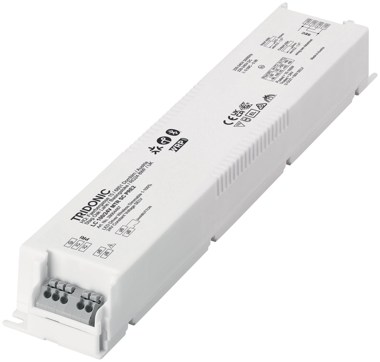 Tridonic LED-Treiber MTR SC PRE2 LC 100/24V schräg von oben, graue Push-Klemmen an der Stirnseite offen