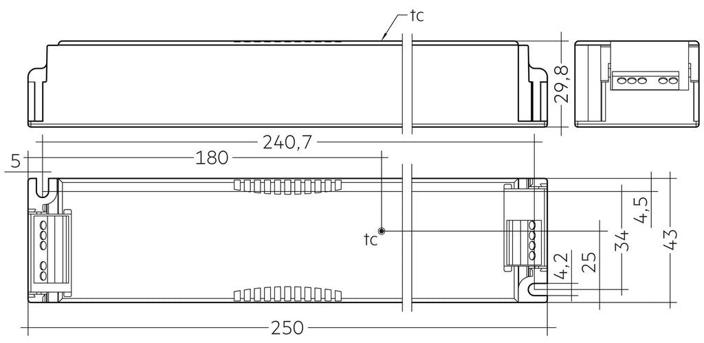 Technische Zeichnung MTR SC PRE2 LC 100/24V, Draufsicht mit Klemmenlage, Maß 250 mm und tc-Punkt