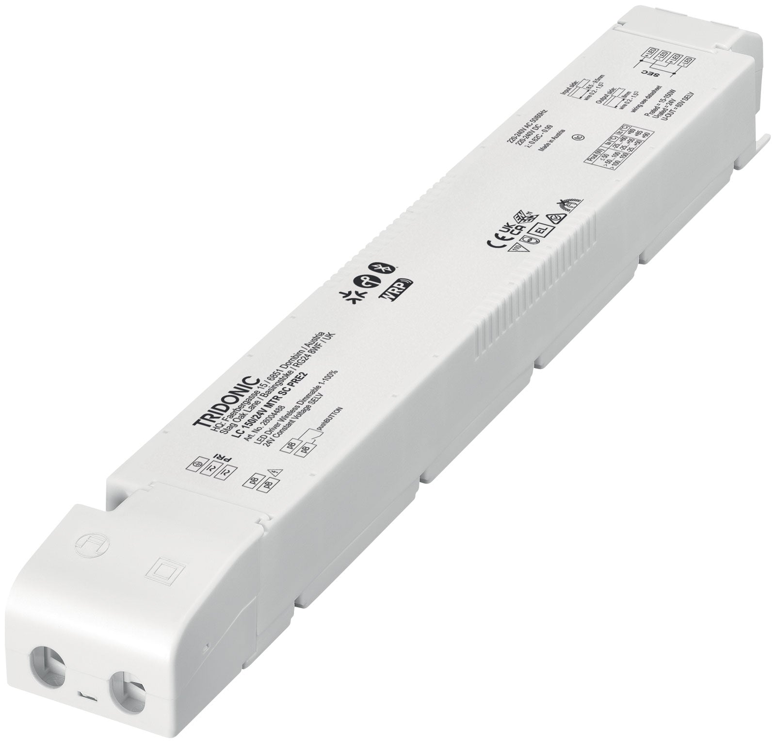 LED-Treiber MTR SC PRE2 LC 150/24V mit montierter Klemmenabdeckung und zwei Kabeleinführungen