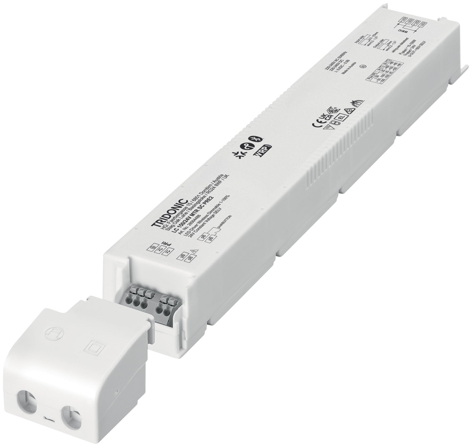 LED-Treiber MTR SC PRE2 LC 150/24V von schräg vorn, Abdeckkappe abgezogen, Push-Klemmen sichtbar