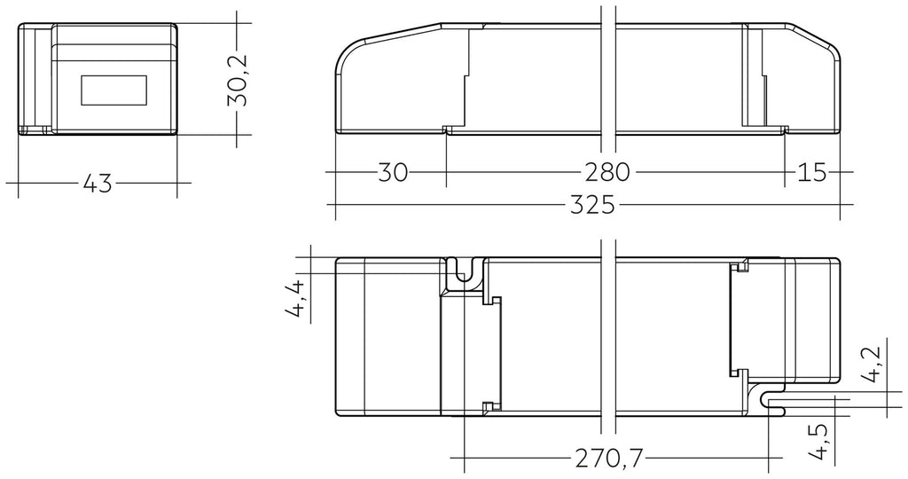 Maßzeichnung MTR SC PRE2 LC 150/24V mit 325 mm Länge, 43 mm Breite und 30,2 mm Höhe, Seiten- und Draufsicht