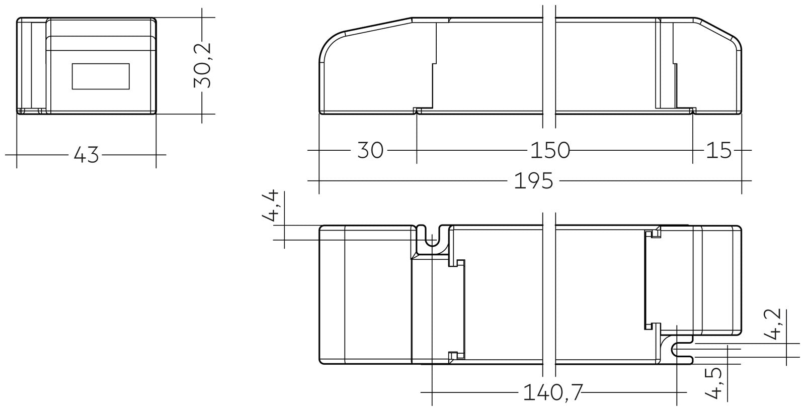 Maßzeichnung des 35-Watt-Treibers: 195 mm Länge bei 43 mm Breite