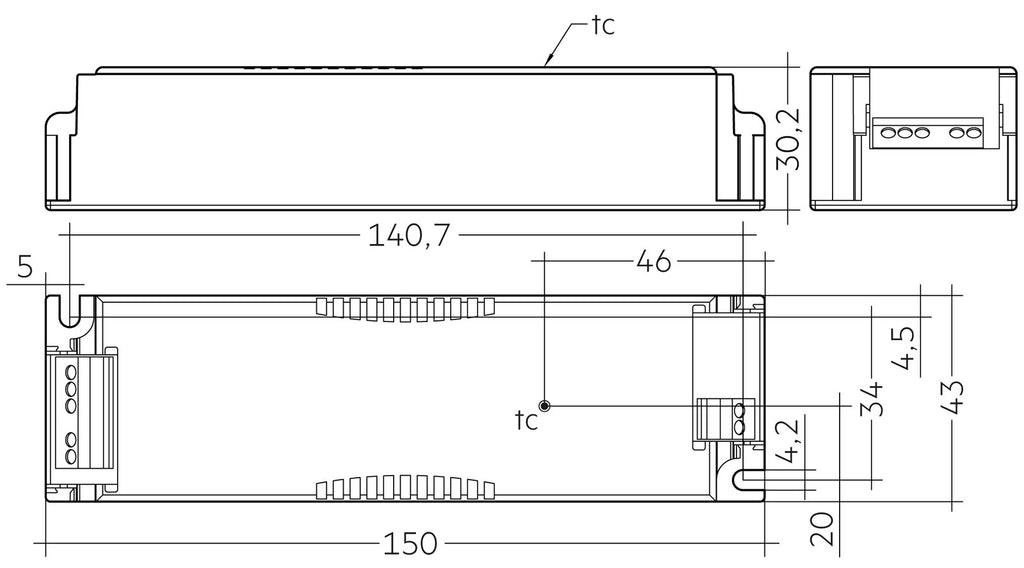 Technische Zeichnung des 35-Watt-Treibers mit Gehäusehöhe und tc-Punkt