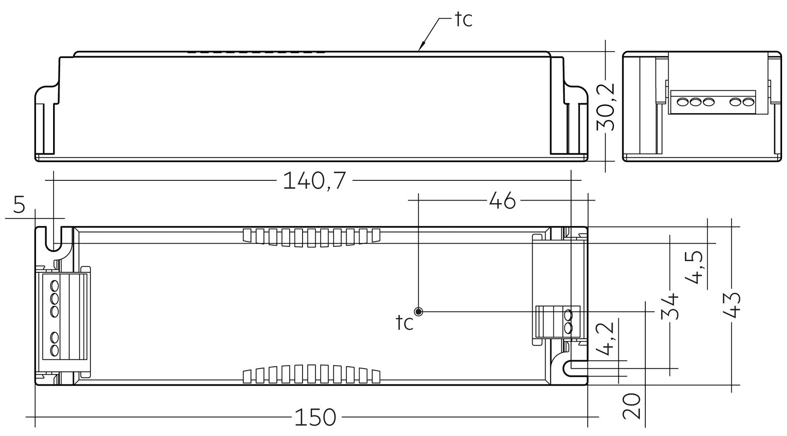 Technische Zeichnung des 35-Watt-Treibers mit Gehäusehöhe und tc-Punkt