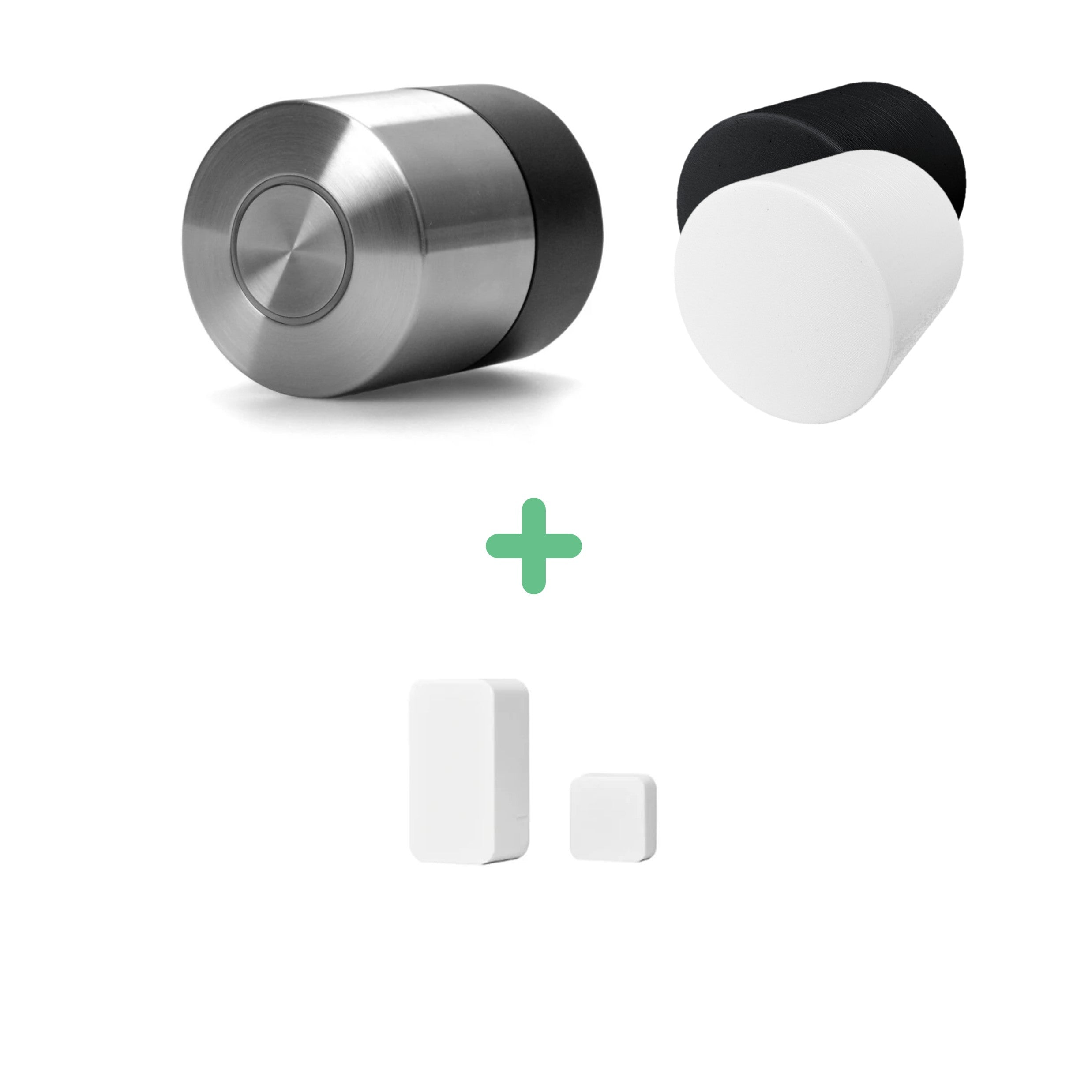 Nuki Smart Lock Pro (5. Gen), Schutzabdeckungen in Schwarz und Weiß sowie der zweiteilige Door Sensor