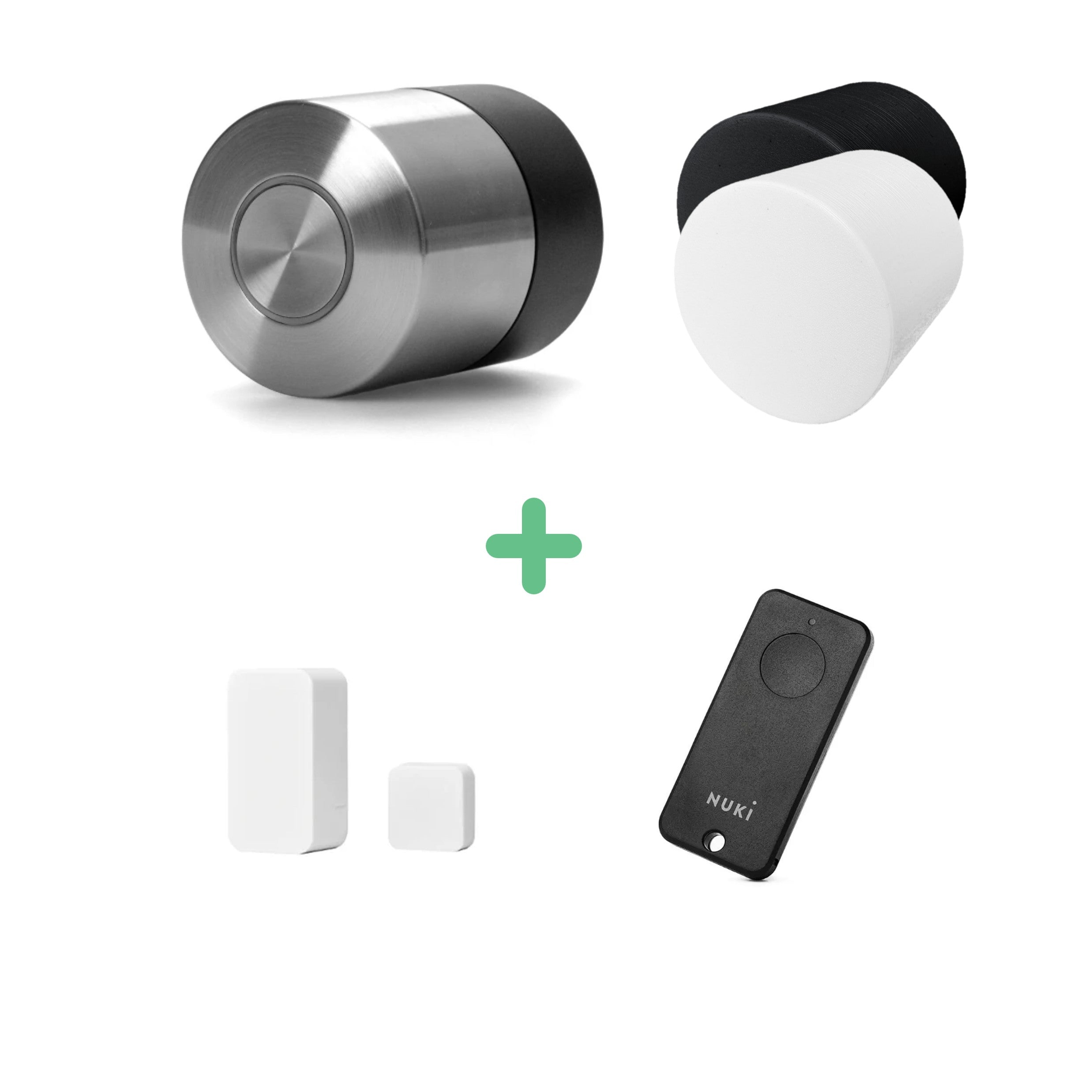 Nuki Smart Lock Pro (5. Gen) mit Schutzabdeckungen, weißem Door Sensor und schwarzem Fob