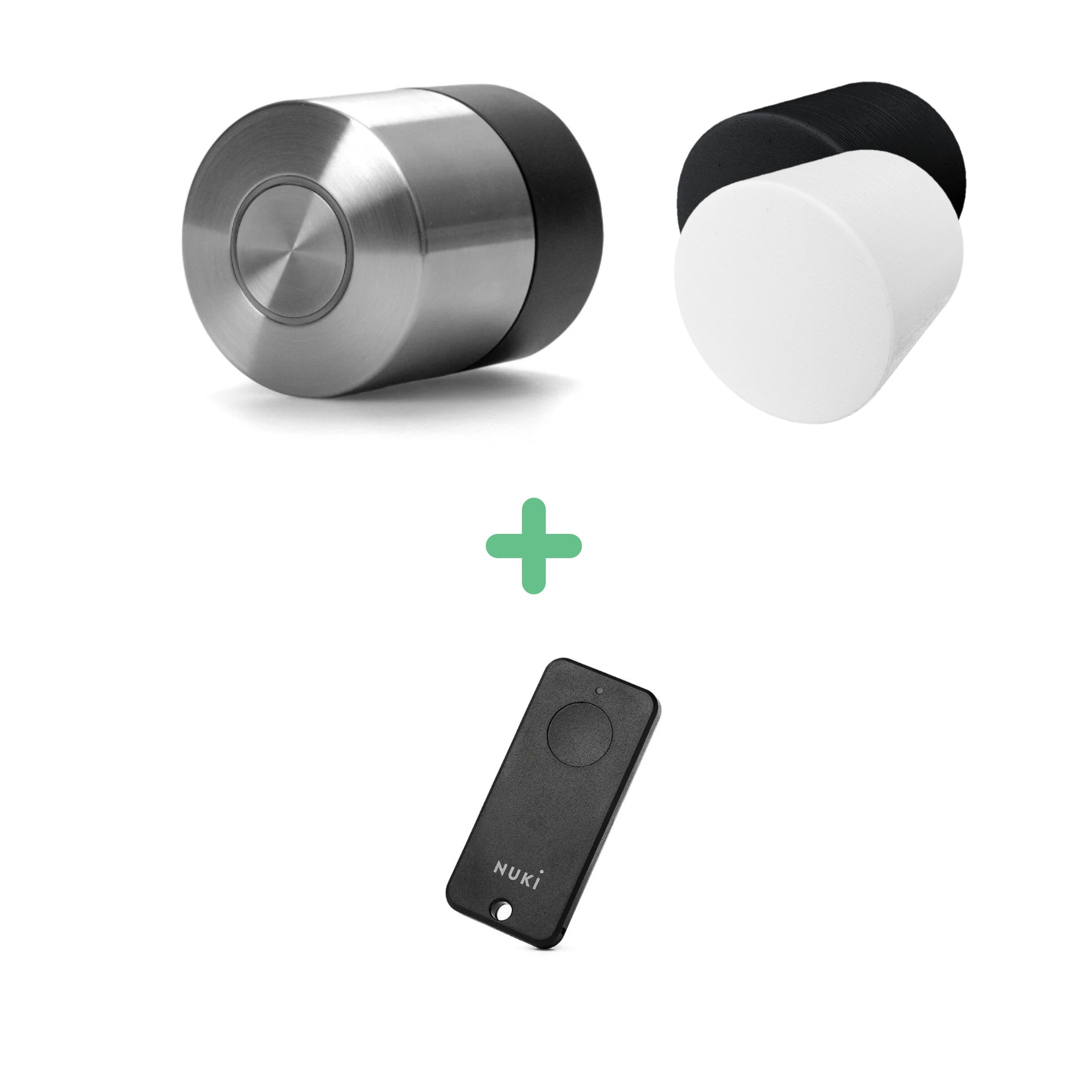 Nuki Smart Lock Pro (5. Gen) in Edelstahl mit schwarzer und weißer Schutzabdeckung sowie dem Fob