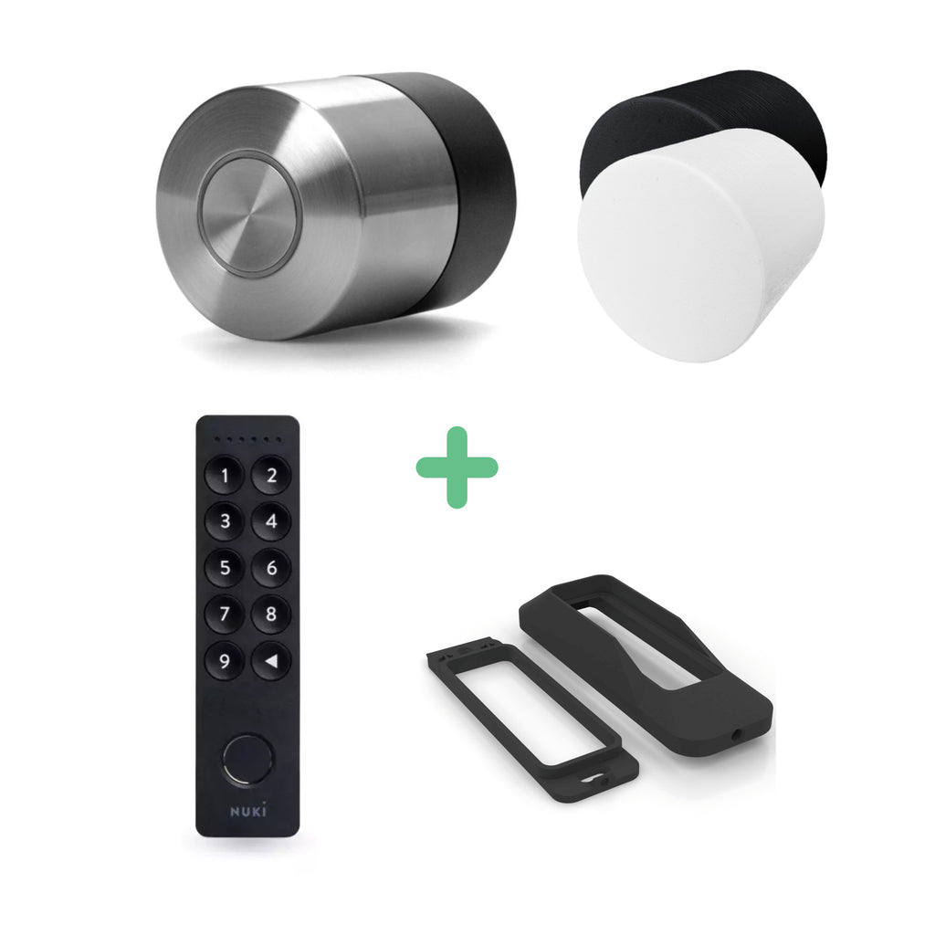 Nuki Smart Lock Pro (5. Gen) mit beiden Schutzabdeckungen, Keypad 2 und der Diebstahlschutz-Halterung