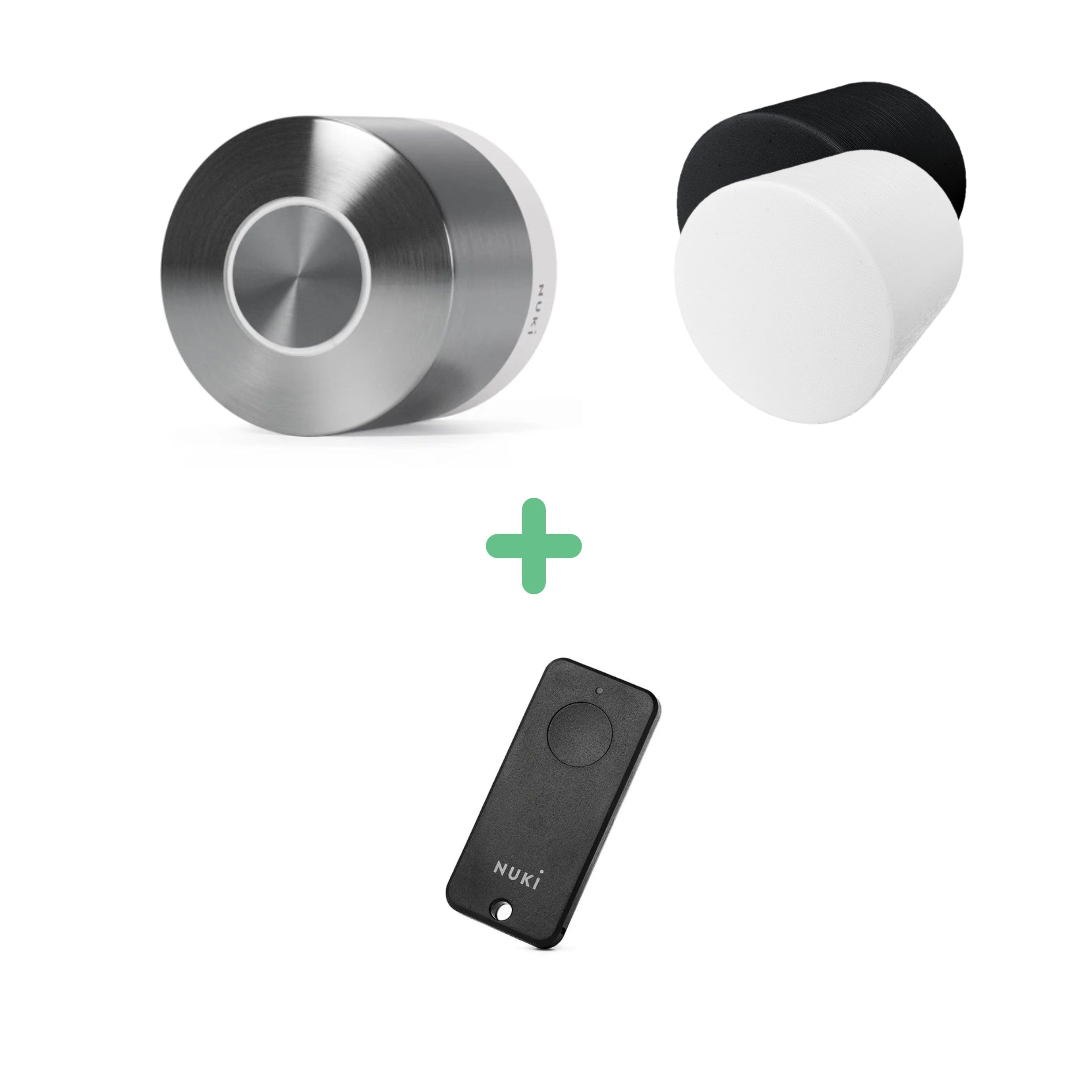 Nuki Smart Lock Ultra mit Schutzabdeckung in Schwarz und Weiß sowie schwarzem Fob