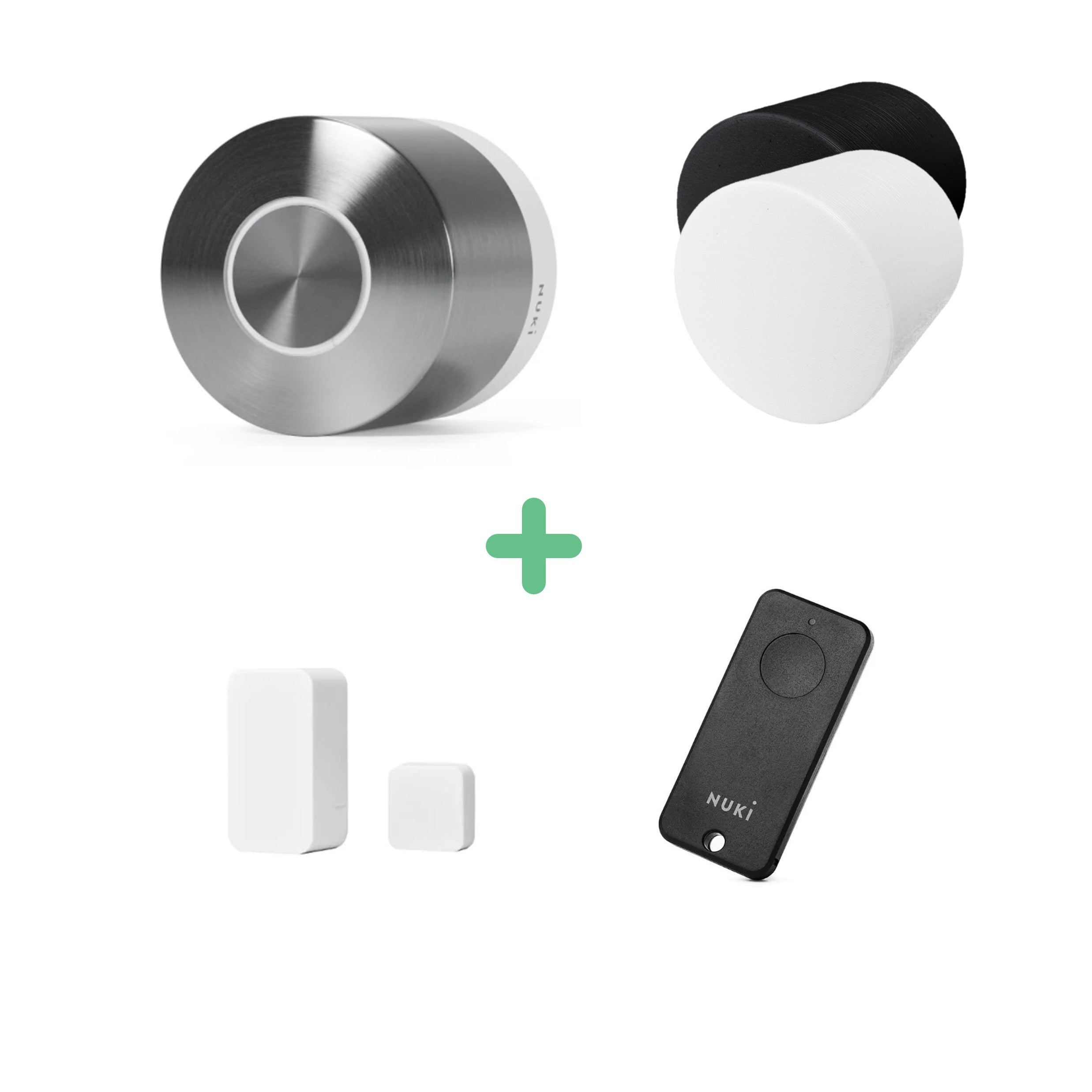 Bundle mit Nuki Smart Lock Ultra, Schutzabdeckung in Schwarz und Weiß, Door Sensor und schwarzem Fob