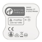 Oberseite des WAGO Home Blind Control Thread mit Built-on-Thread-Logo, Matter-Code und der Motorangabe 3 A
