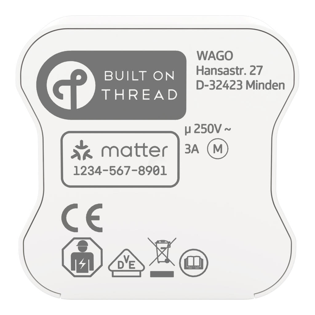Oberseite des WAGO Home Blind Control Thread mit Built-on-Thread-Logo, Matter-Code und der Motorangabe 3 A