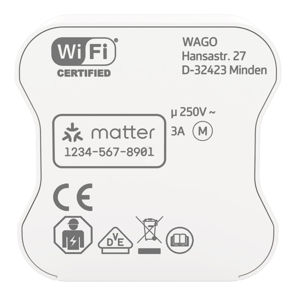 Oberseite des WAGO Home Blind Control Wi-Fi mit Wi-Fi-Certified-Logo, Matter-Code und der Motorangabe 3 A