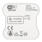 Oberseite des WAGO Home Blind Control Wi-Fi mit Wi-Fi-Certified-Logo, Matter-Code und der Motorangabe 3 A