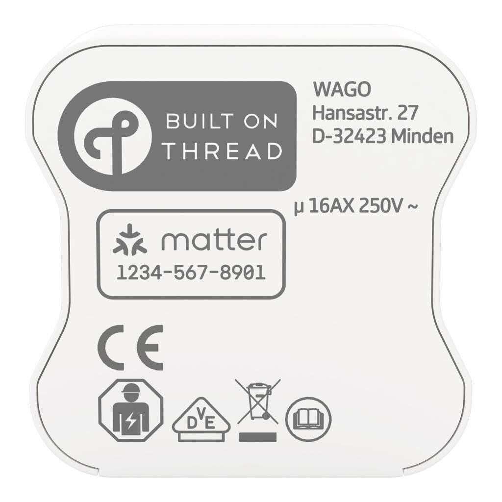 Oberseite des WAGO Home Relay 16 A Thread mit Built-on-Thread-Logo, Matter-Code und der Angabe 16AX 250 V