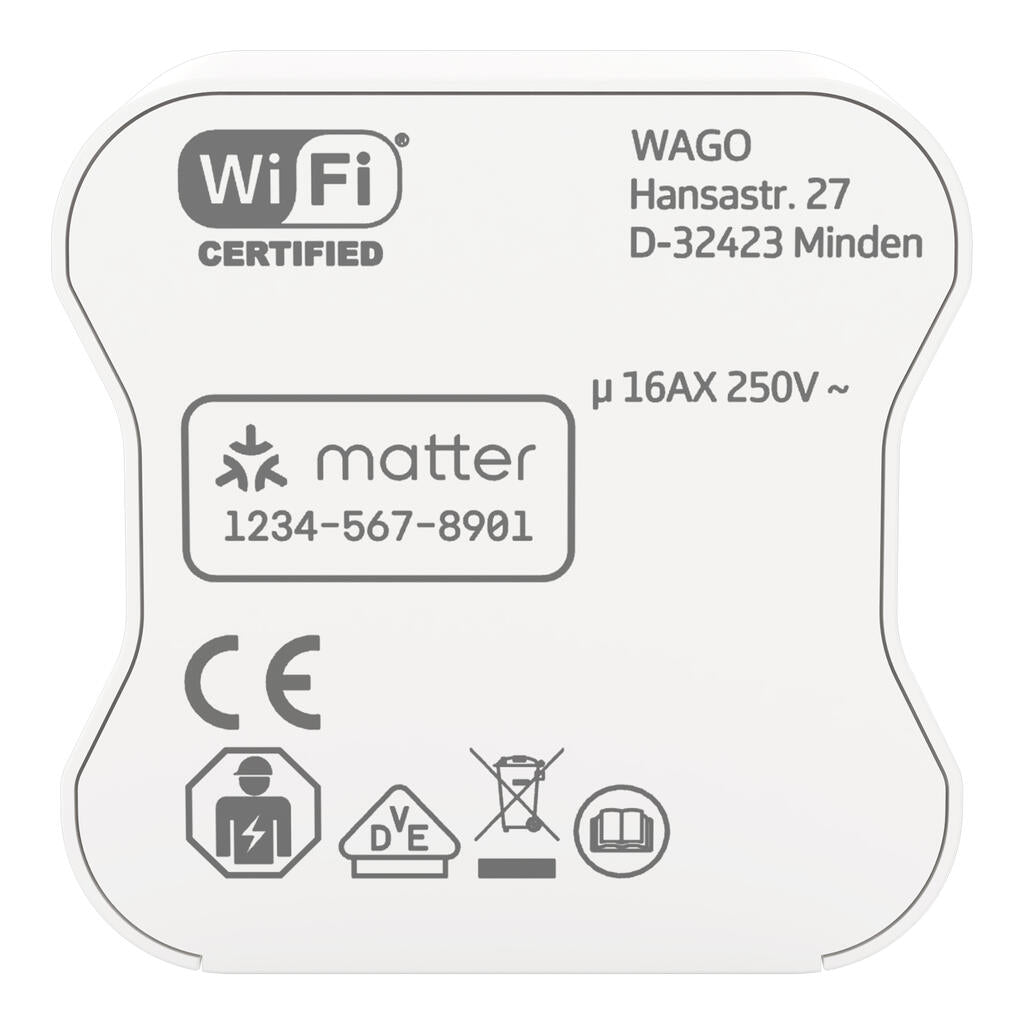 Oberseite des WAGO Home Relay 16 A Wi-Fi mit Wi-Fi-Certified-Logo, Matter-Code und der Angabe 16AX 250 V