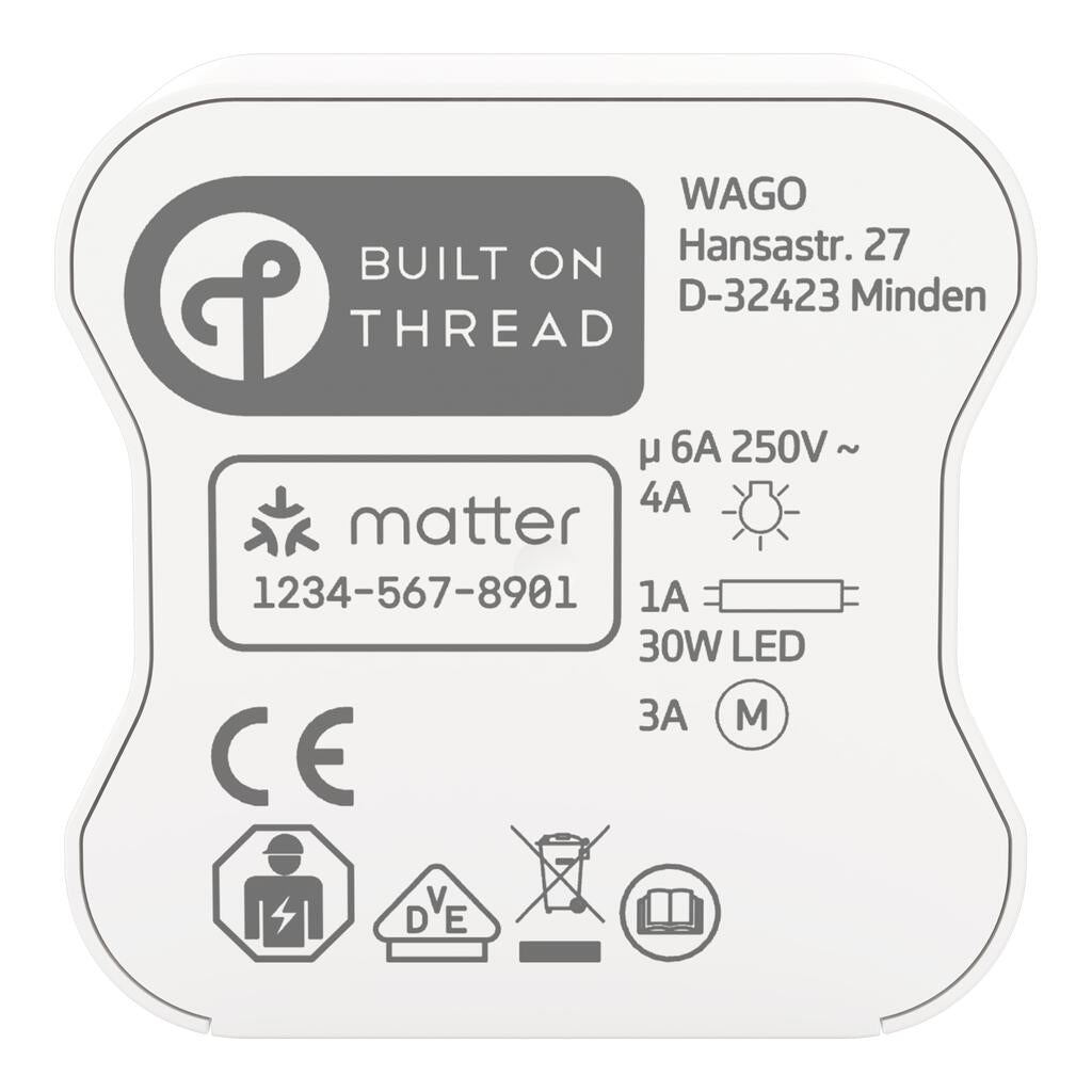Oberseite des WAGO Home Relay 6 A Thread mit Built-on-Thread-Logo und den Lastangaben 4 A Lampe und 30 W LED