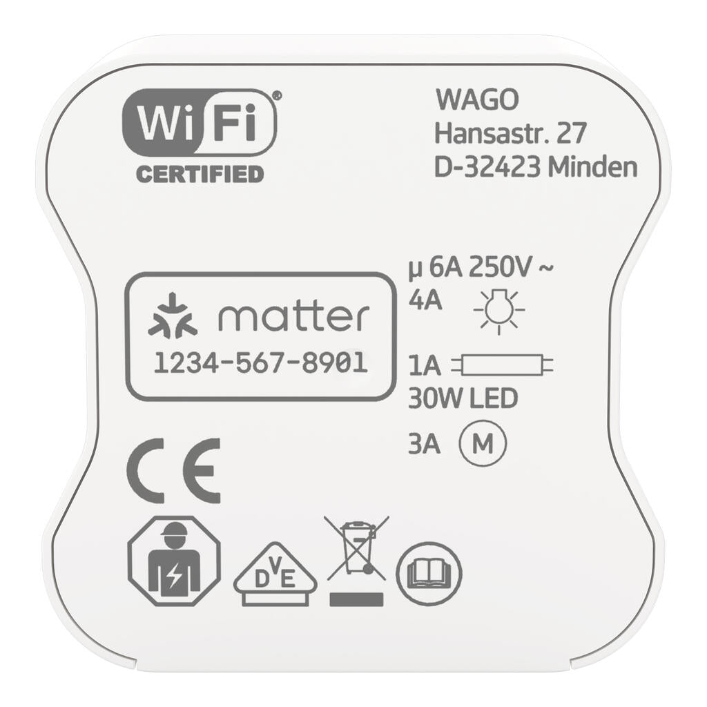 Oberseite des WAGO Home Relay 6 A Wi-Fi mit Wi-Fi-Certified-Logo und den Lastangaben 4 A Lampe und 30 W LED