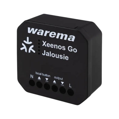 Schwarzes Unterputz-Modul Warema Xeenos Go Aktor Jalousie, Frontseite mit Aufdruck Jalousie und sechs Klemmen