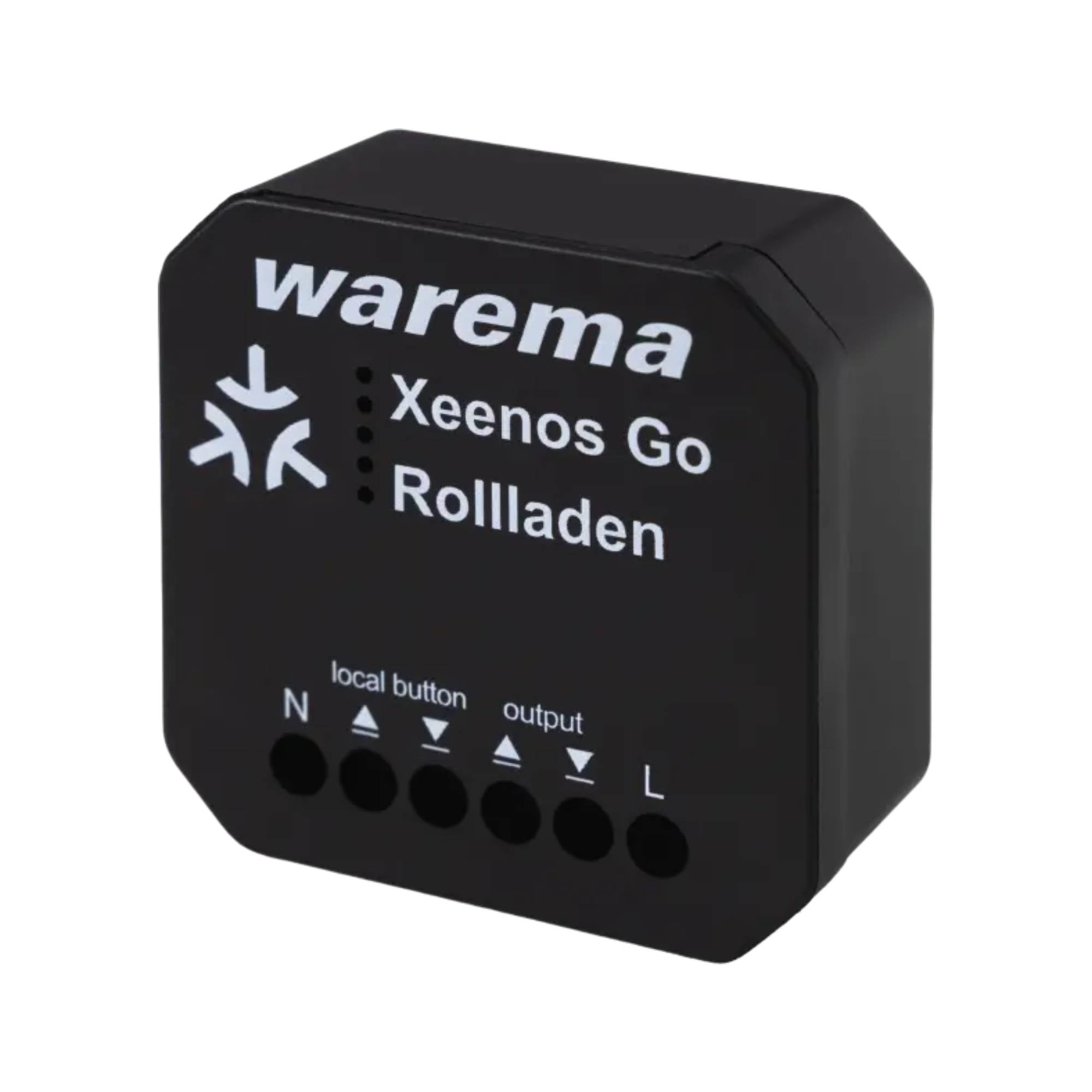 Warema Xeenos Go Aktor Rollladen Unterputz, schwarzes Modul schräg von vorn mit Klemmen N, output und L