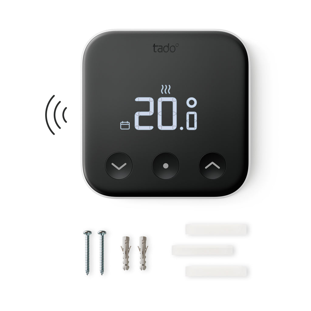 Lieferumfang Funk-Temperatursensor X: Sensor, zwei Schrauben, zwei Dübel und drei Klebepads