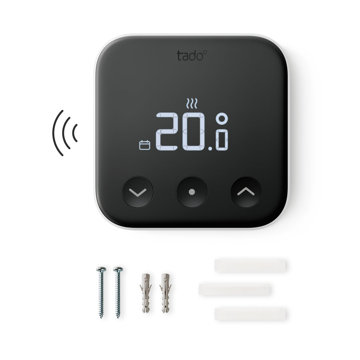 Lieferumfang Funk-Temperatursensor X: Sensor, zwei Schrauben, zwei Dübel und drei Klebepads
