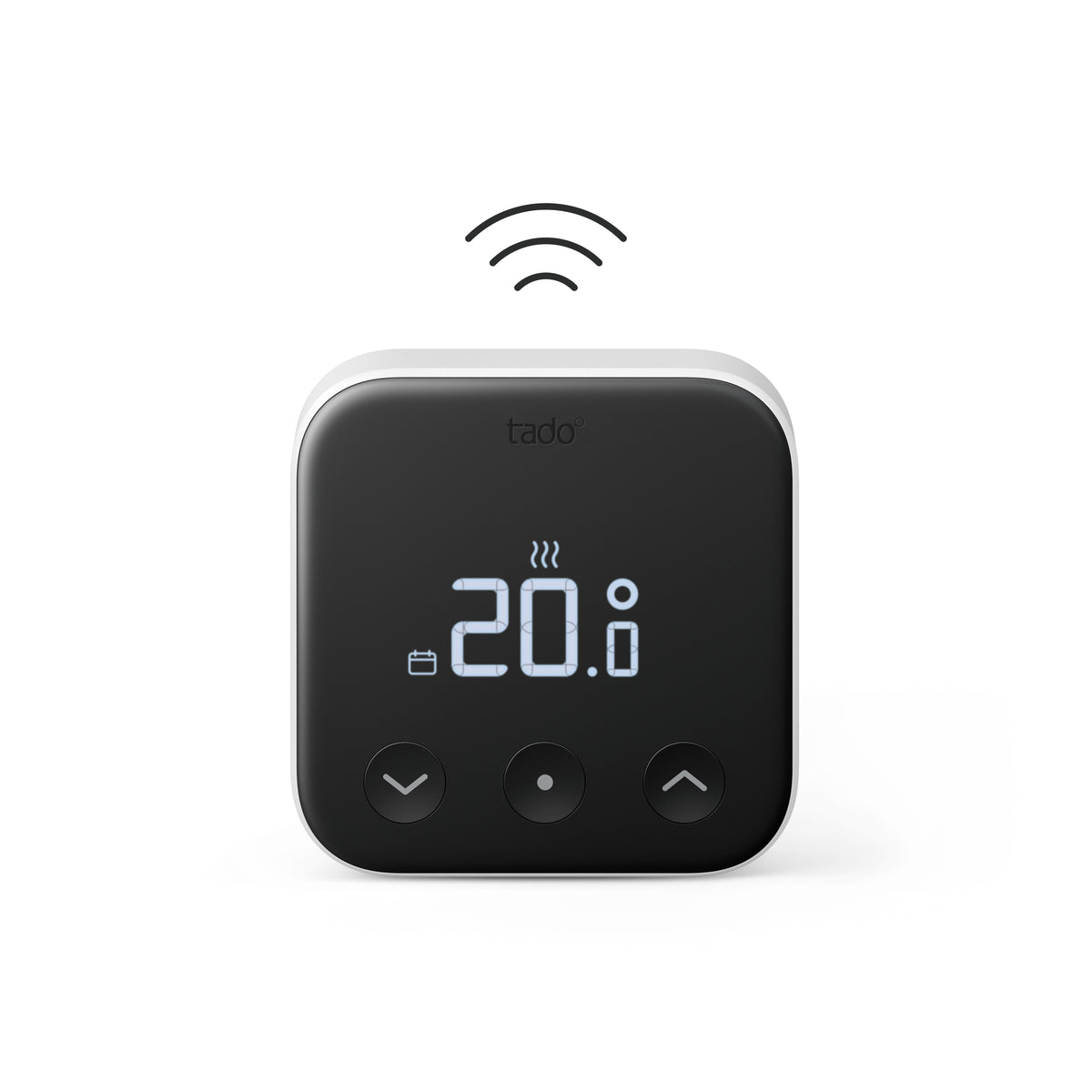 tado Funk-Temperatursensor X von vorn, Display zeigt 20,0 Grad, darüber ein Funkwellen-Symbol