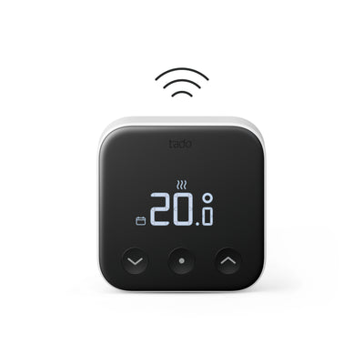 tado Funk-Temperatursensor X von vorn, Display zeigt 20,0 Grad, darüber ein Funkwellen-Symbol