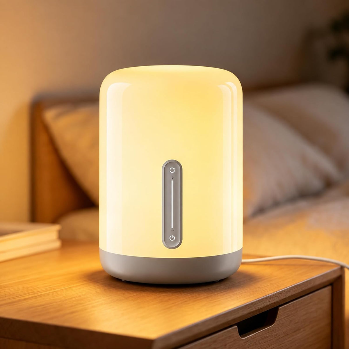 Yeelight Bedside Lamp D1 leuchtet warmweiß auf einem Nachttisch aus Holz neben dem Bett