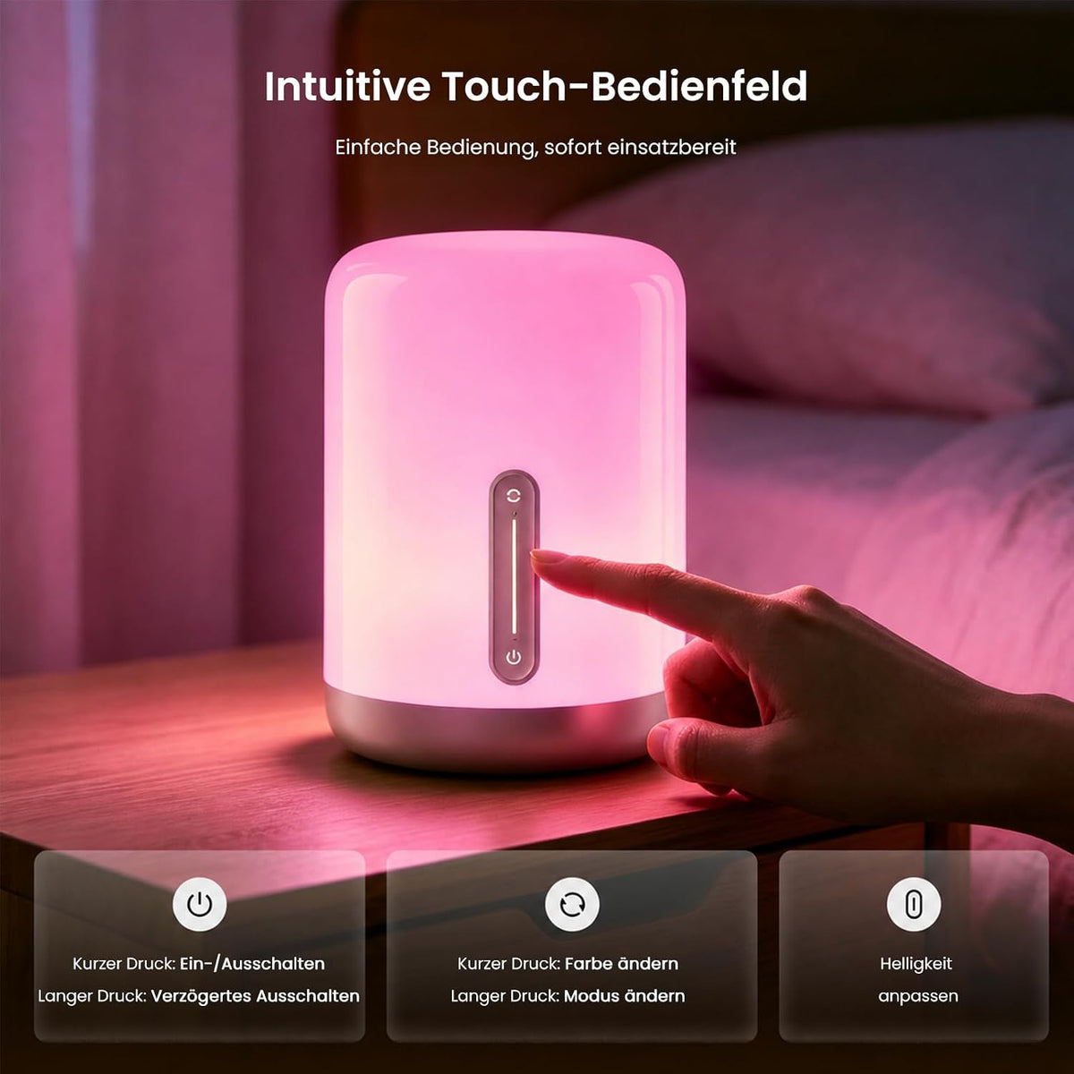 Ein Finger bedient die Touch-Leiste der Yeelight Bedside Lamp D1: kurzer Druck schaltet, langer Druck wechselt den Modus