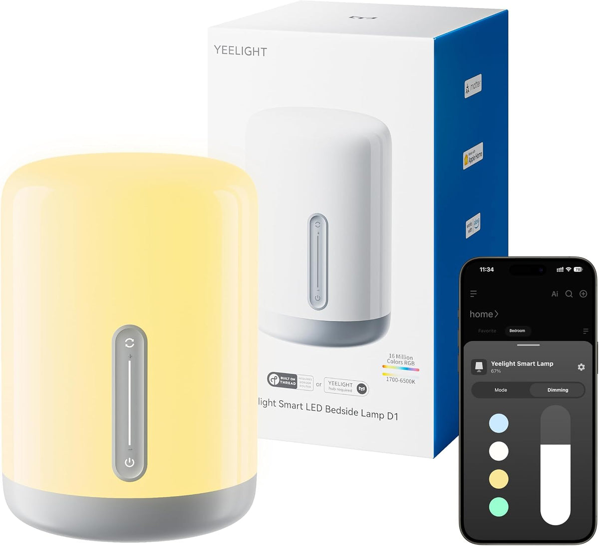 Yeelight Bedside Lamp D1 warmweiß leuchtend neben der Verpackung und der Steuerung in der App, freigestellt auf Weiß