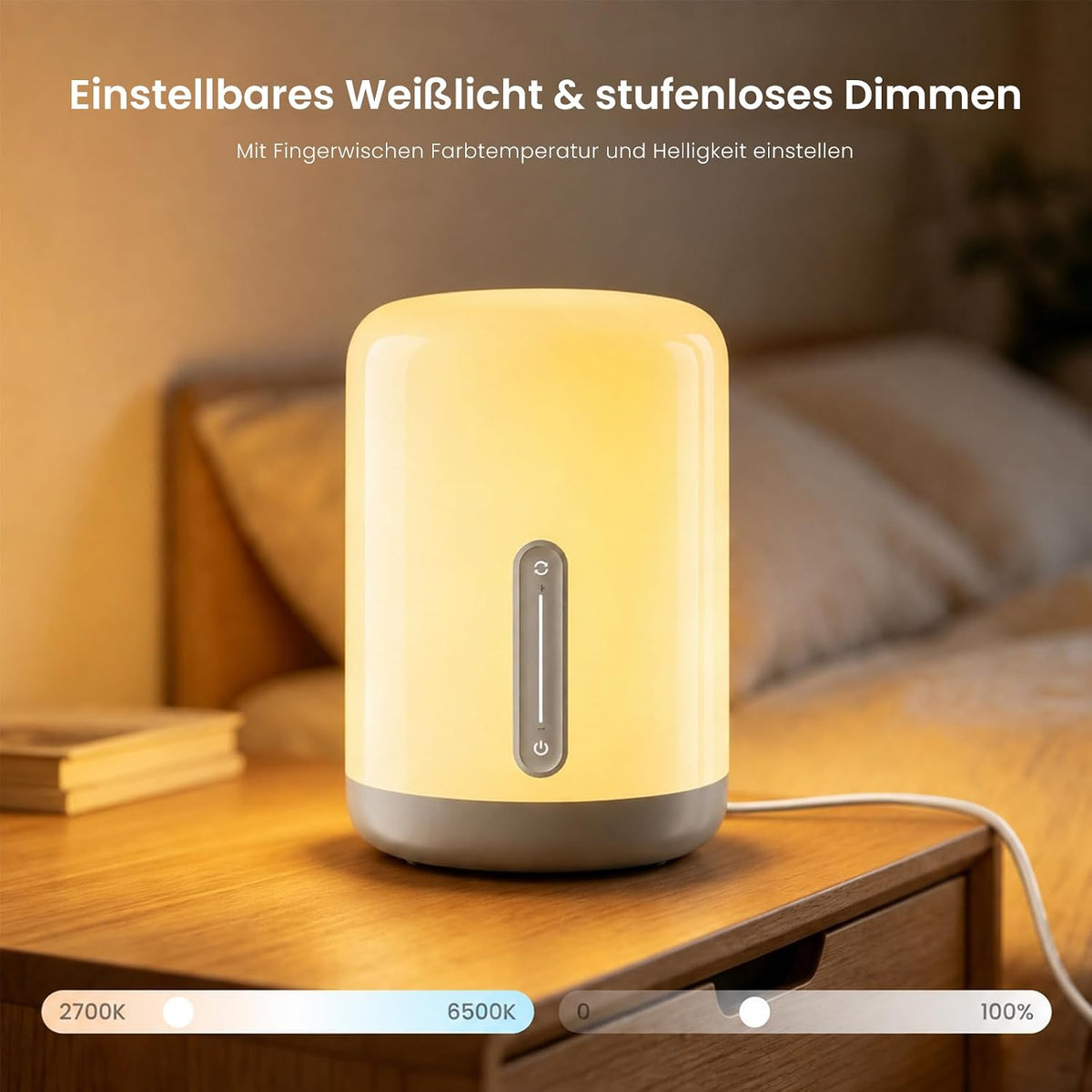 Yeelight Bedside Lamp D1 am Nachttisch mit den Reglern für Farbtemperatur von 2.700 bis 6.500 Kelvin und für die Helligkeit