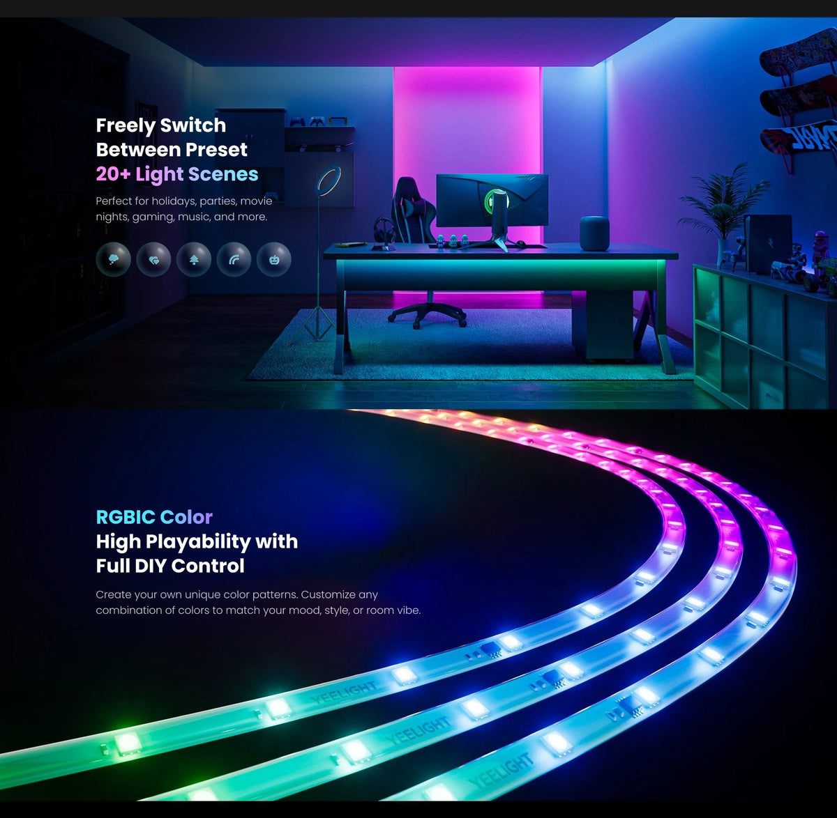 Yeelight Lightstrip D1 RGBIC im Gaming-Zimmer, daneben eine Übersicht der über 20 voreingestellten Lichtszenen